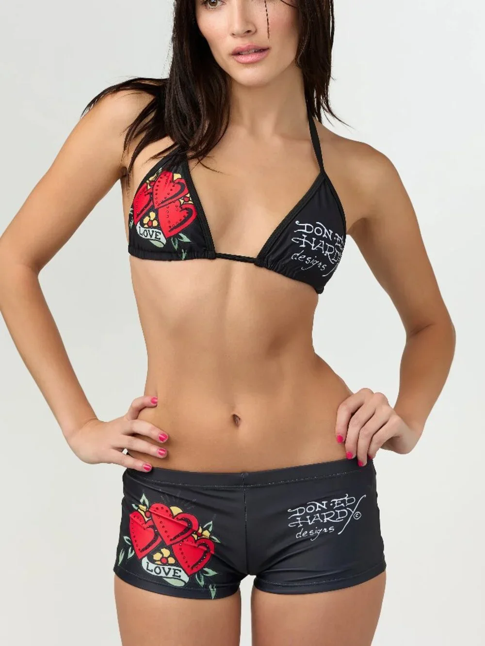 Ed Hardy Black Bikini Set with Red Heart Graphics